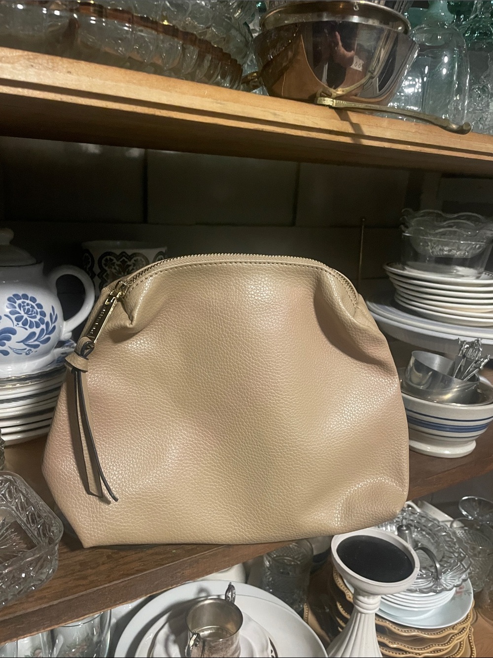Steve Madden Beige Pebbled Leather Cosmetic Pouch with Gold Zip